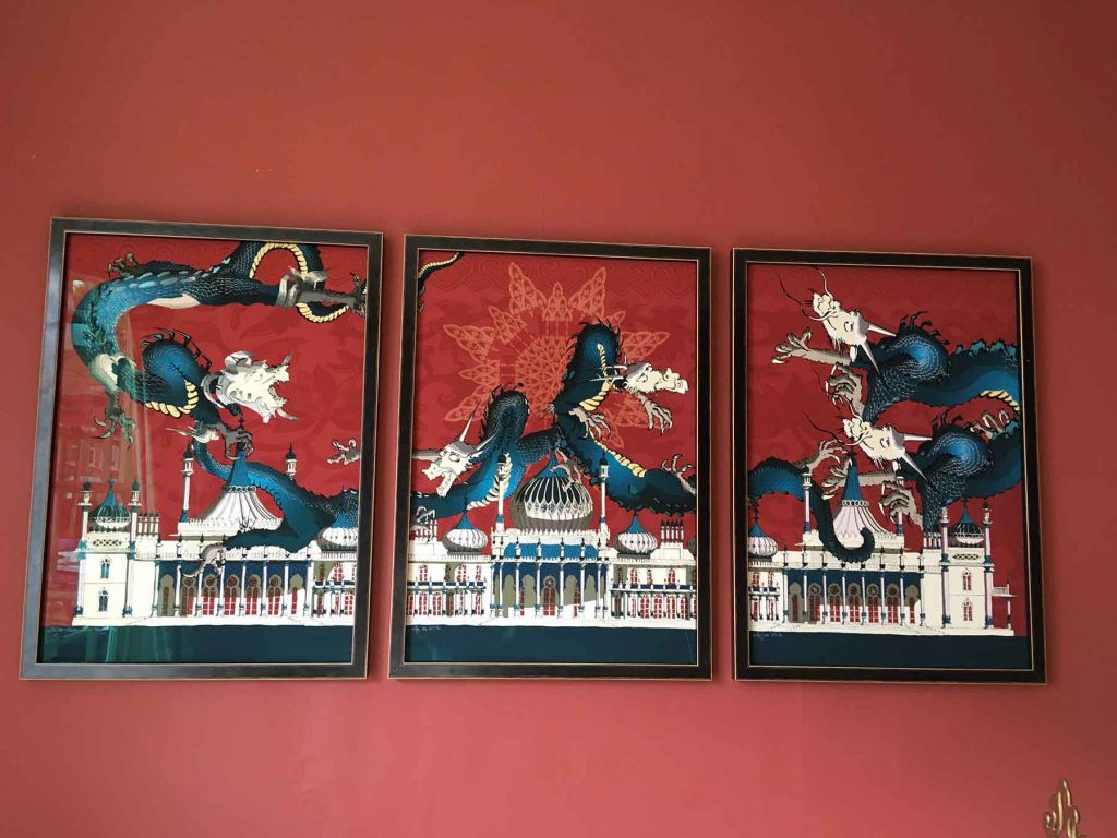 Dragon artwork Brighton Pavilion Crimson and Blue Samson Triptych framed