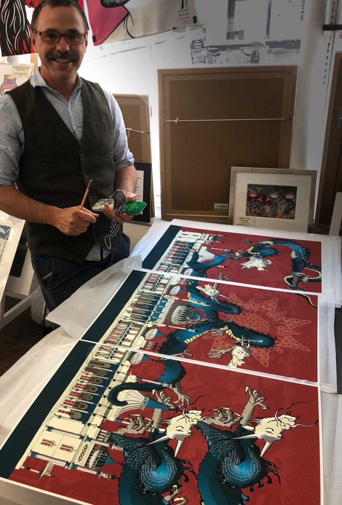 Dragon artwork Brighton Pavilion Crimson and Blue Samson Triptych signing at the framers