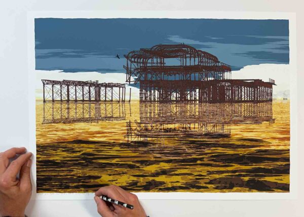 art print titled Brighton's West Pier Rampion Wind Farm Gold Sea by artist alej ez