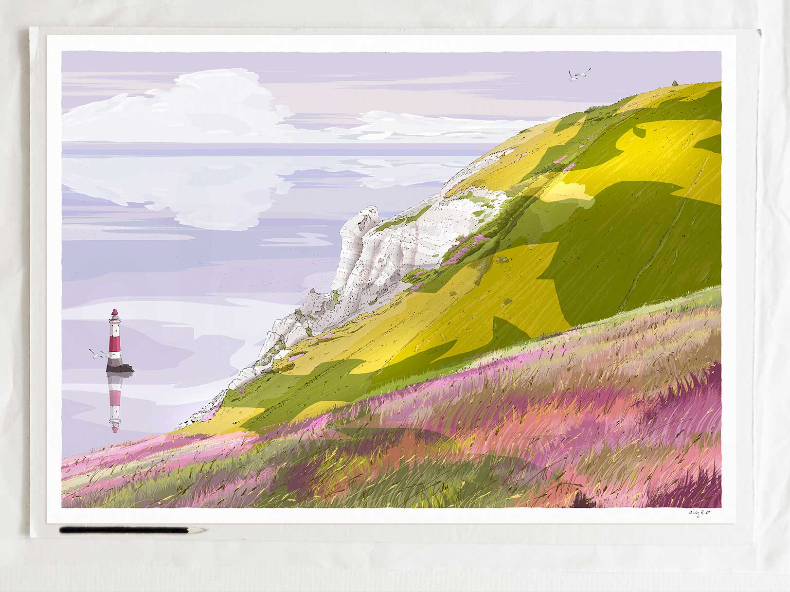 Art print by artist alej ez titled Beachy Head Lighthouse White Cliffs Lavender Sea East