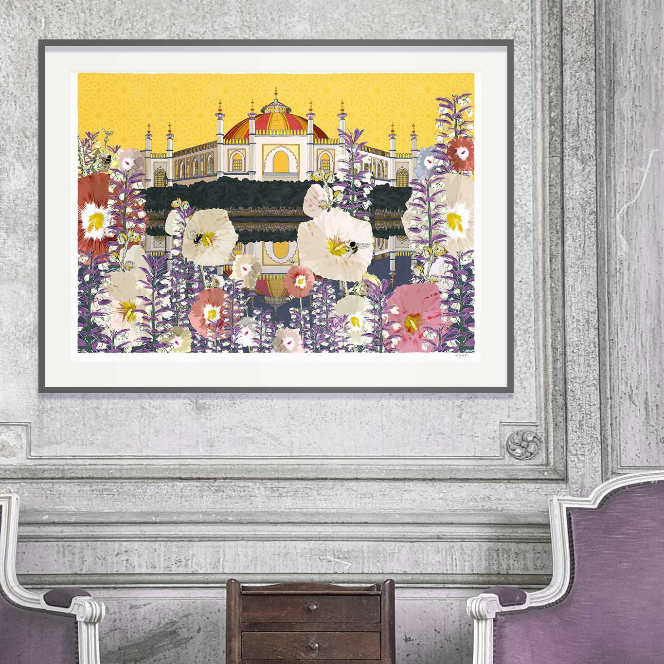 framed print by artist alej ez titled Hollyhocks Bumblebees Acanthus at Pavilion Gardens Lavender