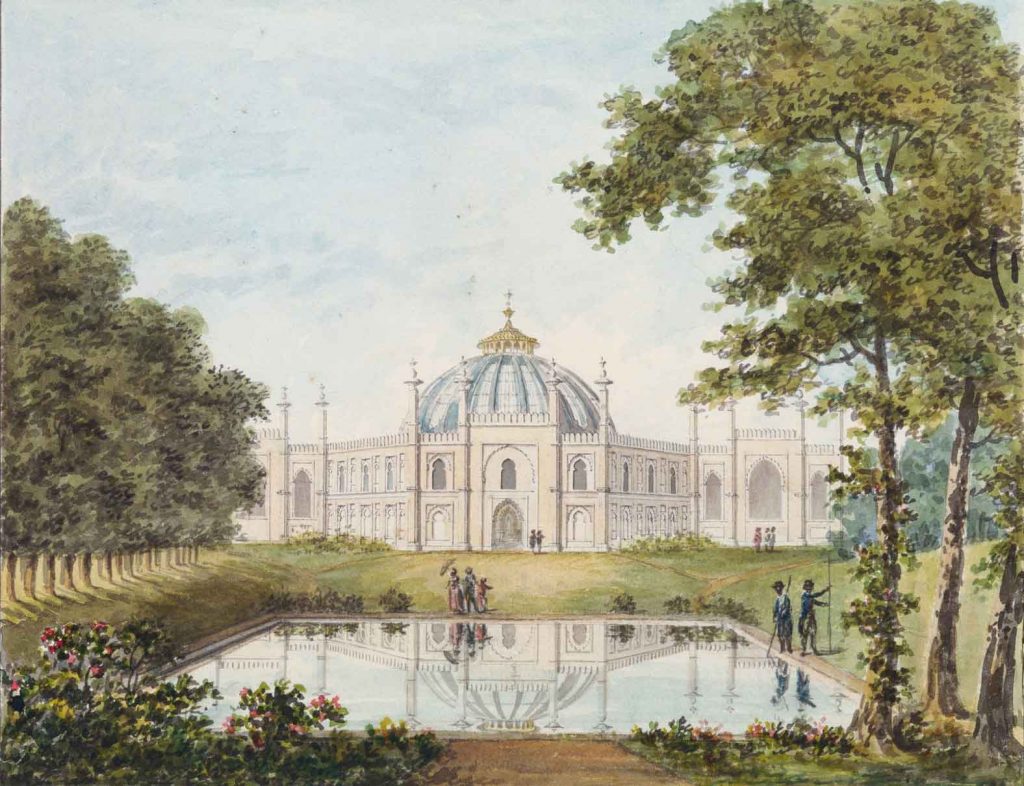 Elevation of the Dome building in Brighton from Pavilion Gardens. Humphry Repton’s watercolour shows the planned landscaping of the grounds at the Royal Pavilion. The scene looks from the stables across the proposed basin. Repton’s  produced a book called the Red Book for the Royal Pavilion with proposal, he submitted the book to the Prince of Wales in 1806. Ultimately, the Prince did not use Repton’s designs. but the influence  on John Nash’s final designs is apparent. (Image from Brighton Museums website)
