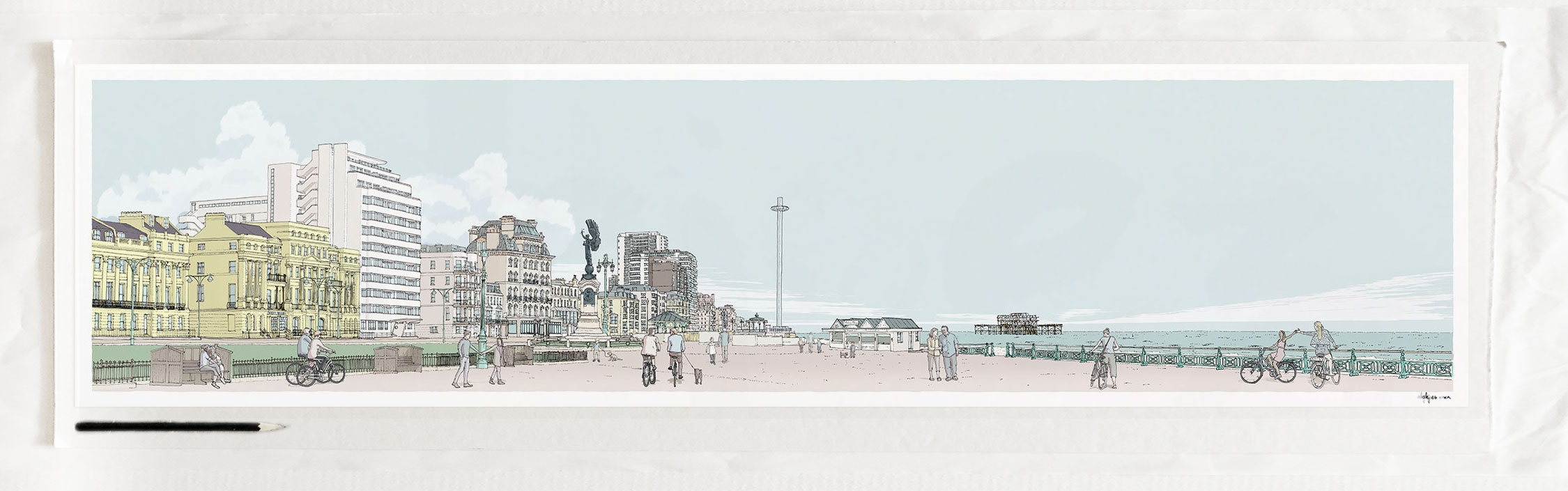 Art print by artist alej ez titled Morning Walk Sea Promenade Brighton and Hove Pebble Beach