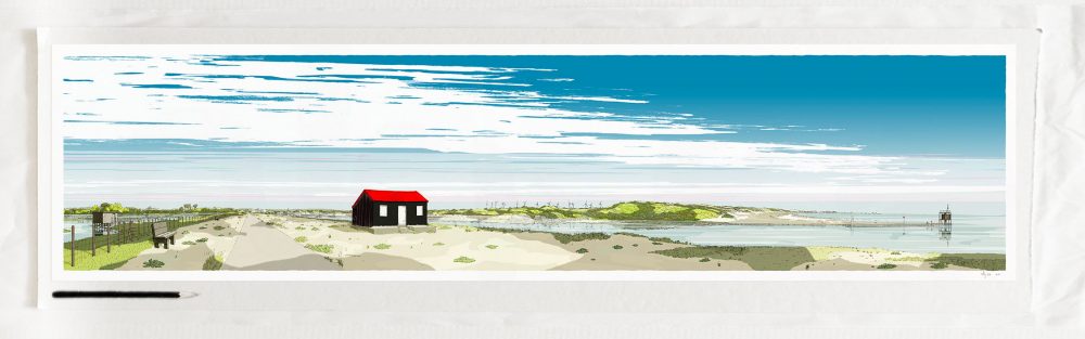 art print titled Red Roofed Hut Rye Harbour Camber Sands by artist alej ez