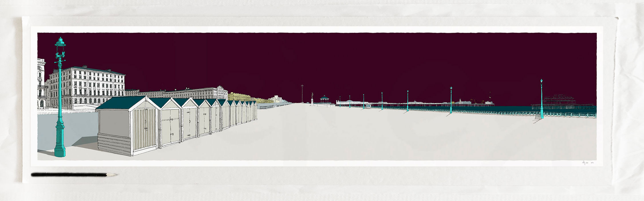 art print titled Palmeira Brunswick and the Two Piers Mauve Sky by artist alej ez