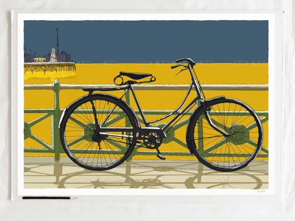 art print titled Cycling to the Palace Pier by artist alej ez