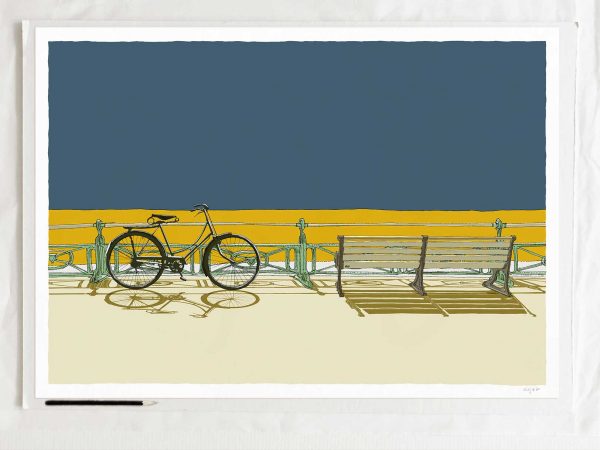 art print titled Bicycle and bench, Brighton Seafront by artist alej ez