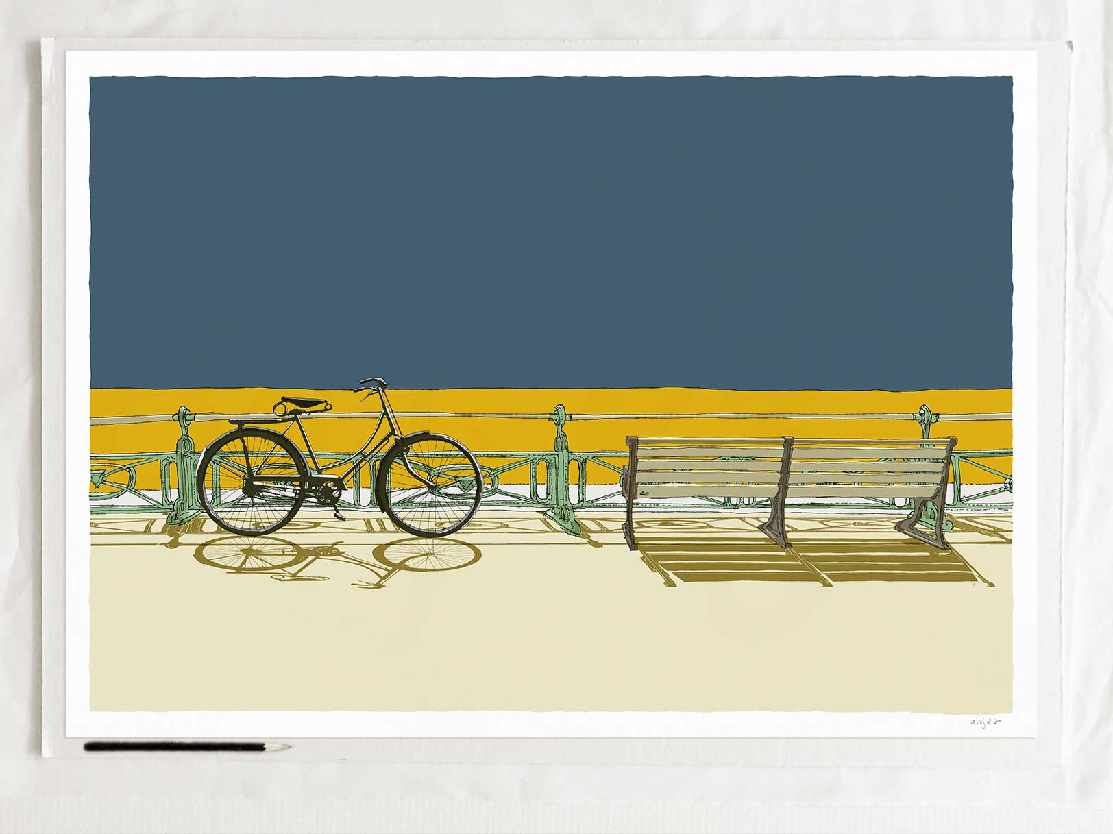 art print titled Bicycle and bench, Brighton Seafront by artist alej ez