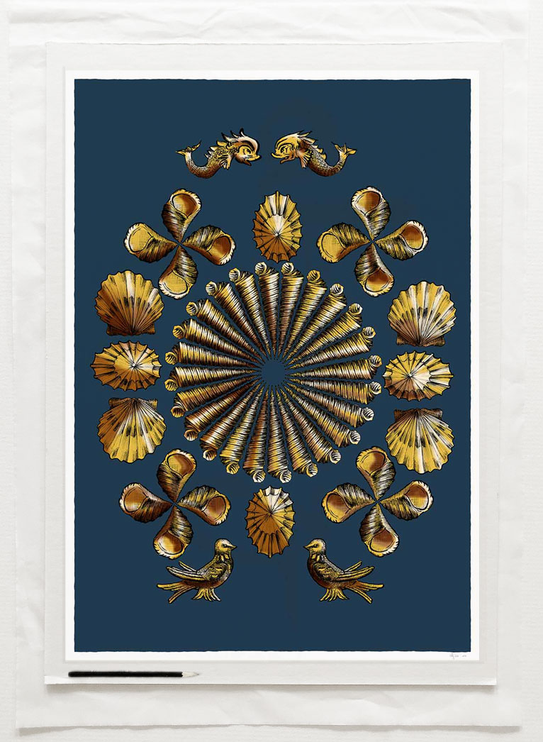art print titled Shell Grotto Blue and Gold by artist alej ez