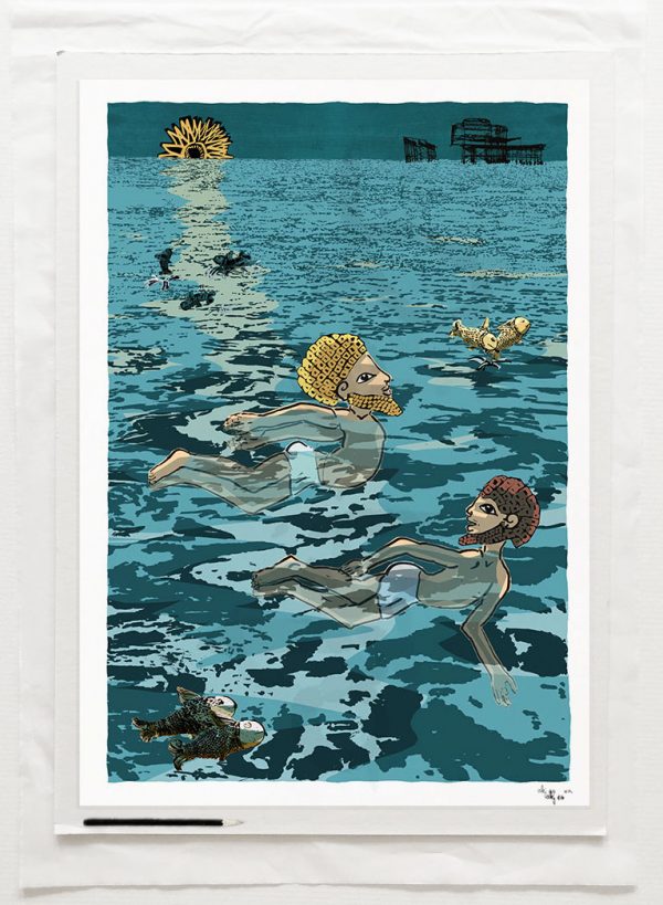 art print titled Two Swimmers by the West Pier by artist alej ez