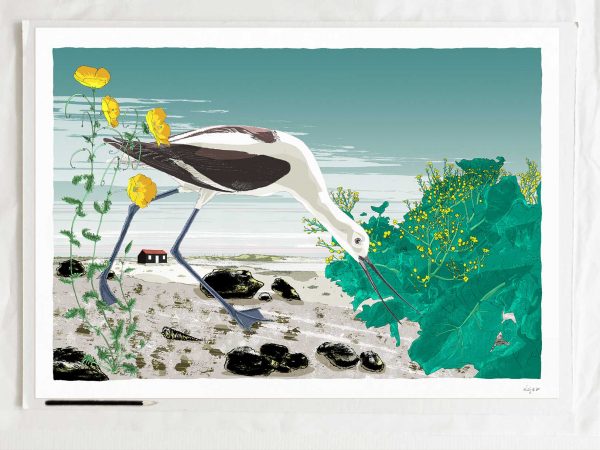 art print titledThe Avocet by the Red Roofed Hut among Sea Poppies and Sea Kale by artist alej ez