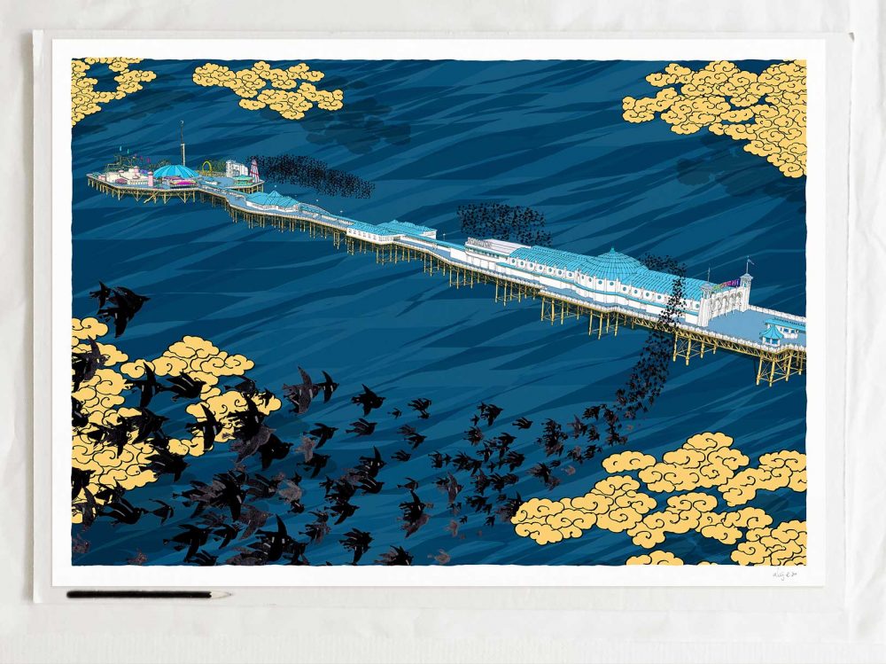 art print titled Starlings Flying over Brighton Palace Pier by artist alej ez