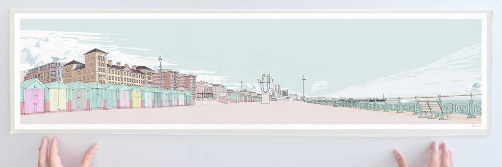 Art print by artist alej ez titled Beach Hut Print. Brighton Seafront by Hove Plinth and Kings House Pebble Beach