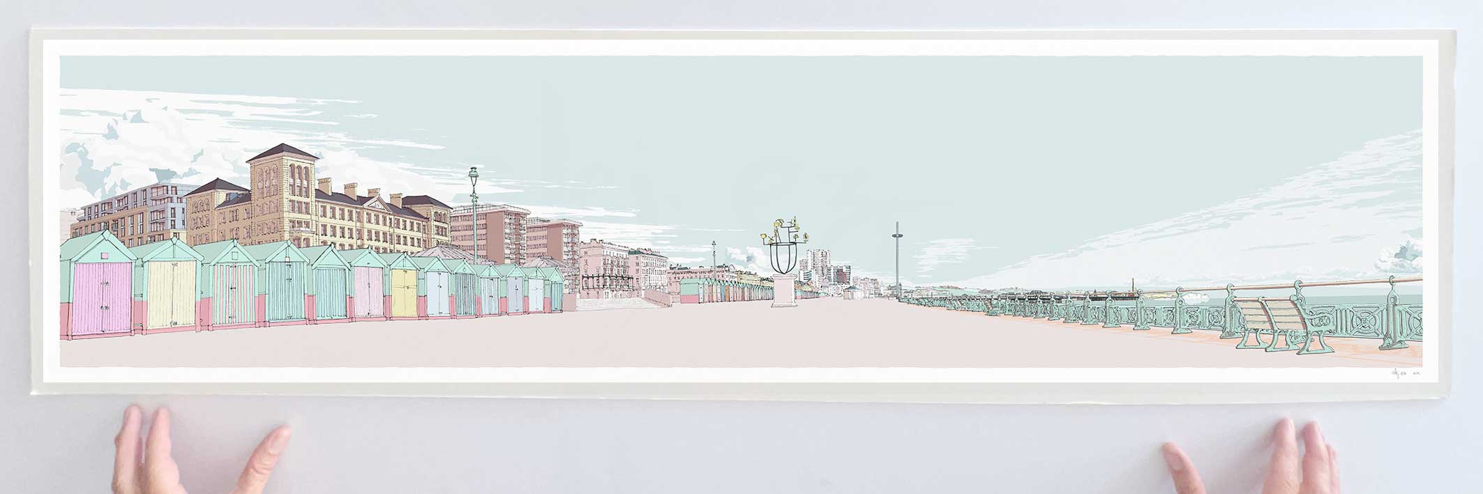 Art print by artist alej ez titled Beach Hut Print. Brighton Seafront by Hove Plinth and Kings House Pebble Beach