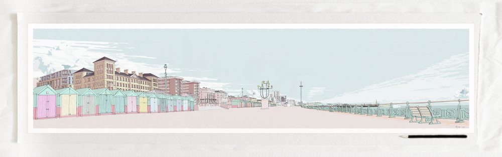 art print titled Beach Hut Print. Brighton Seafront by Hove Plinth and Kings House Pebble Beach by artist alej ez