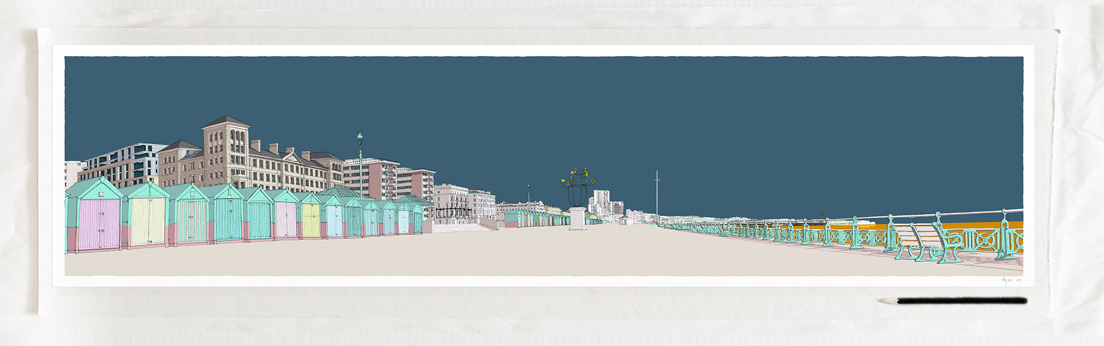 art print titled Brighton Beach Huts by Hove Plinth and Kings Road by artist alej ez