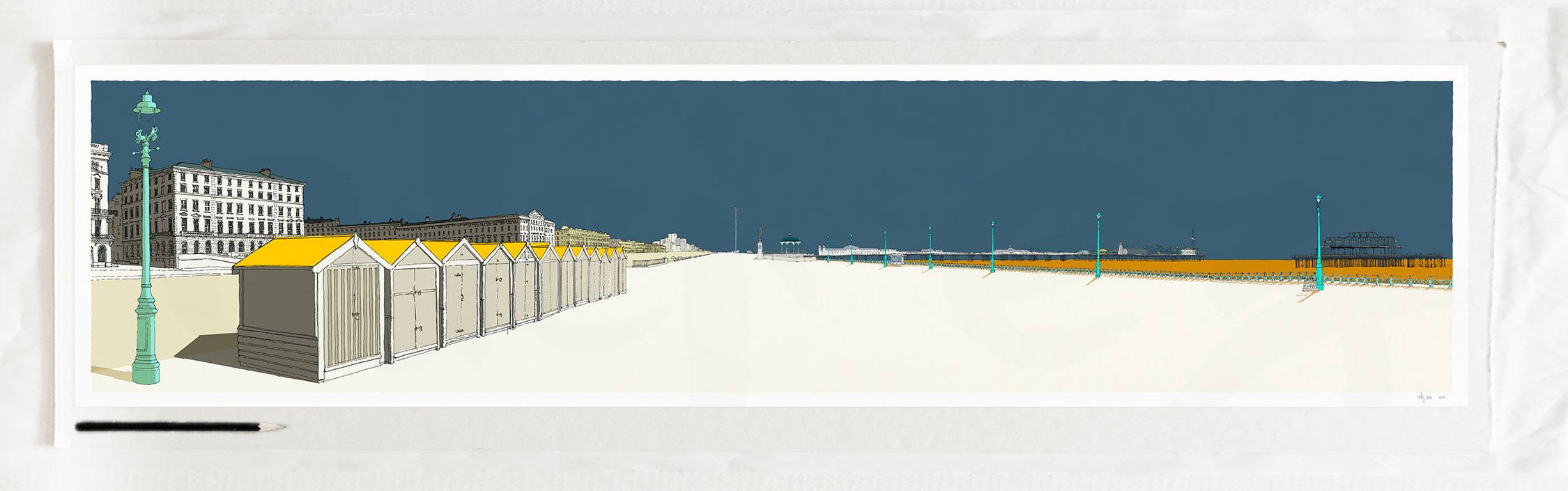 art print titled Palmeira Brunswick and the Two Piers Antique Blue and Ochre by artist alej ez