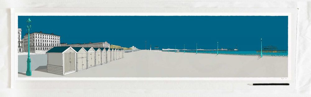 art print titled Adelaide, Beach Huts, Brunswick and the Two Piers Ocean Blue by artist alej ez