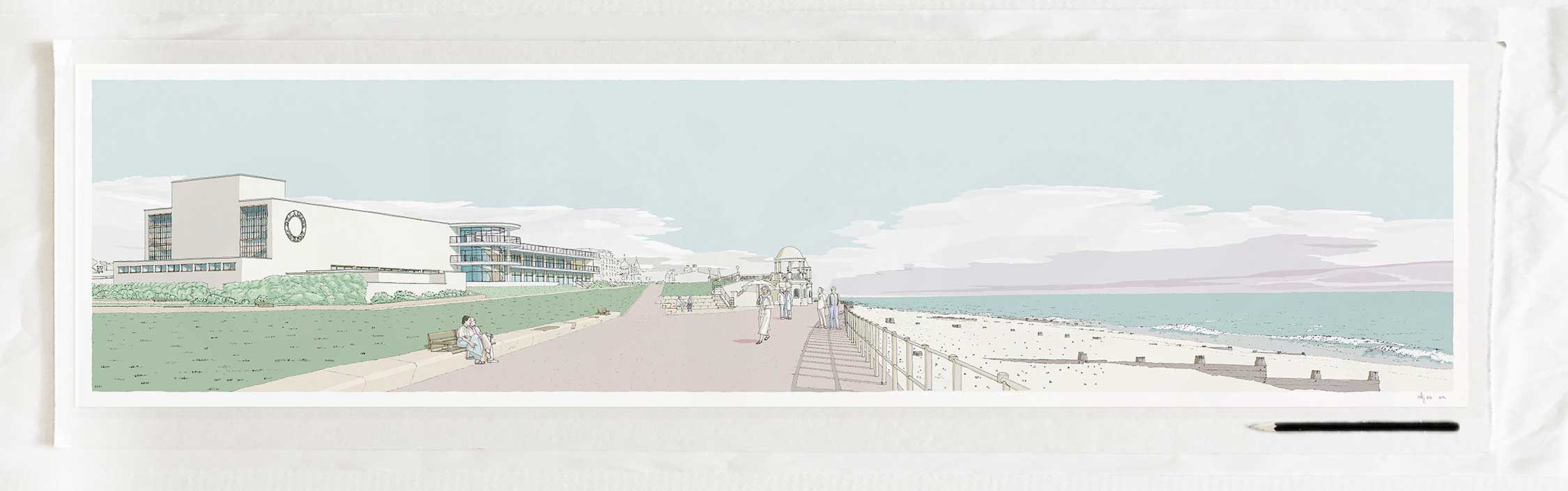 art print titledDe La Warr Pavilion Bexhill on Sea Pebble Beach by artist alej ez