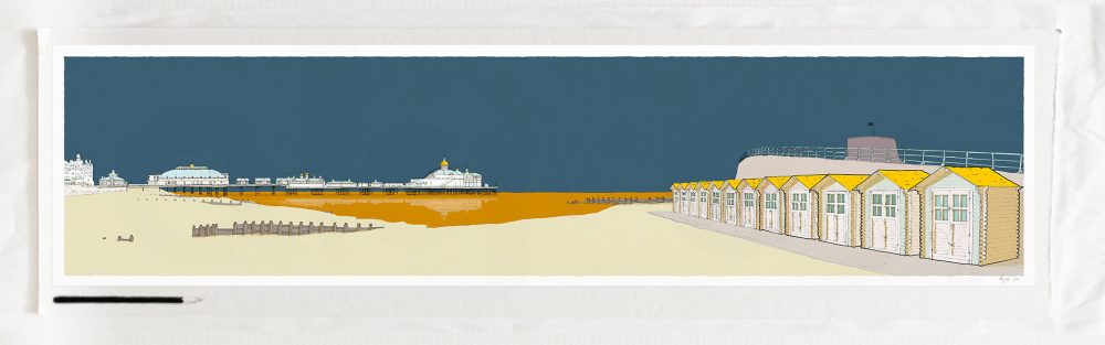 art print titled Eastbourne Pier and Huts Antique Blue and Ochre by artist alej ez