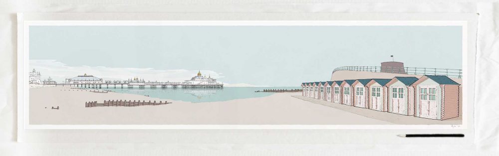 art print titled Eastbourne Pier and Huts Pebble Beach by artist alej ez