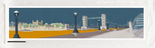 art print titled London River Thames by Tower Bridge Antique Blue and Ochre by artist alej ez