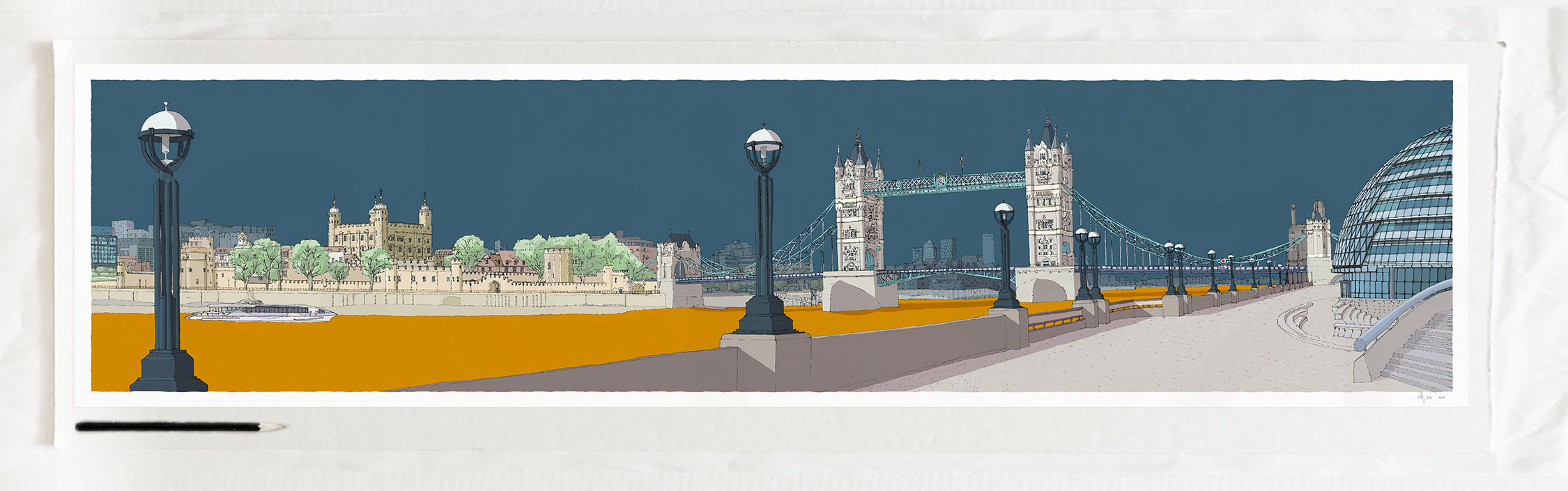 art print titled London River Thames by Tower Bridge Antique Blue and Ochre by artist alej ez