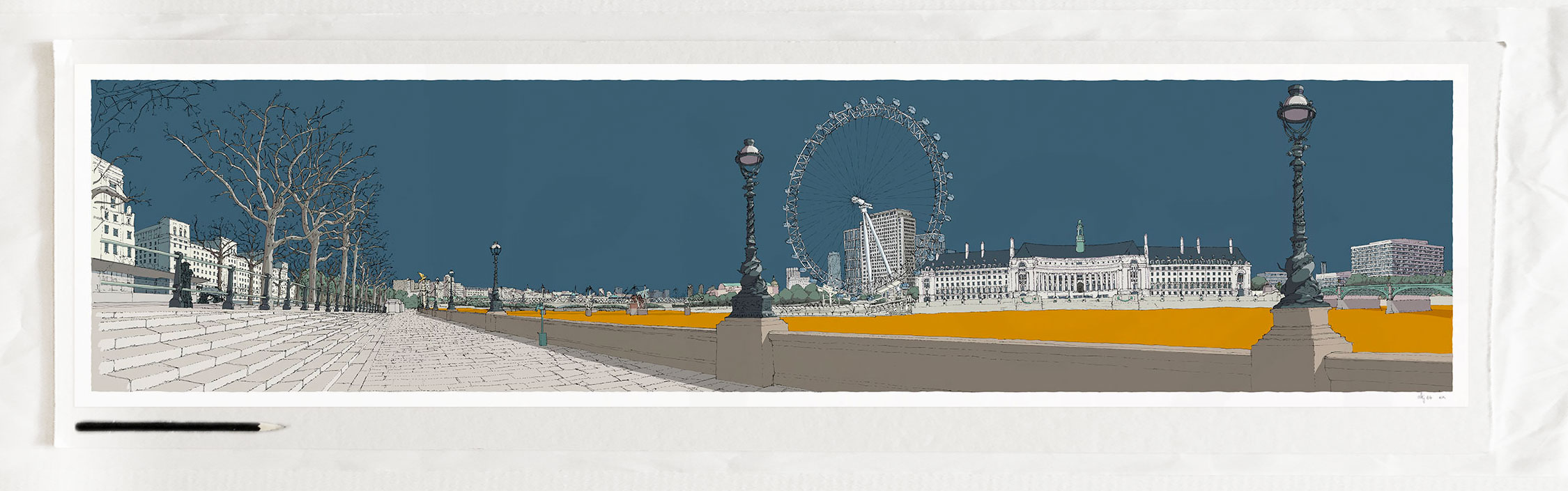 art print titled London Thames by Westminster Bridge Antique Blue and Ochre by artist alej ez