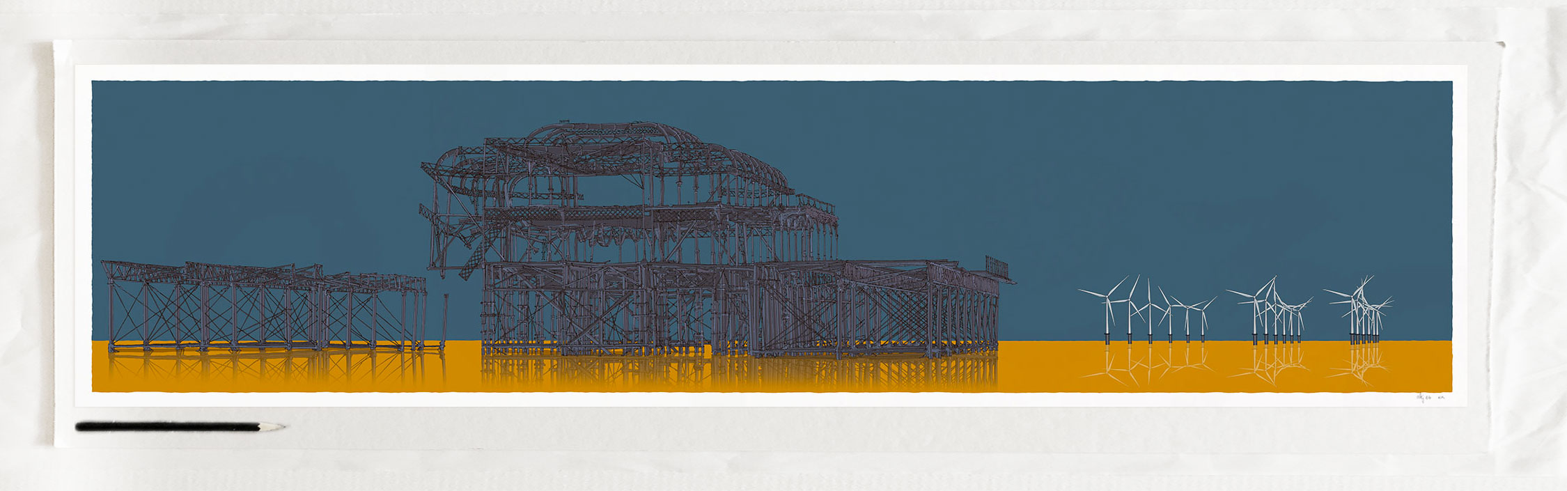 art print titled Brighton West Pier and Rampion Wind Farm Antique Ochre and Blue by artist alej ez