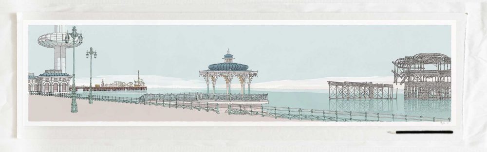 art print titled I360, Palace Pier, The Bandstand and West Pier Pebble Beach by artist alej ez