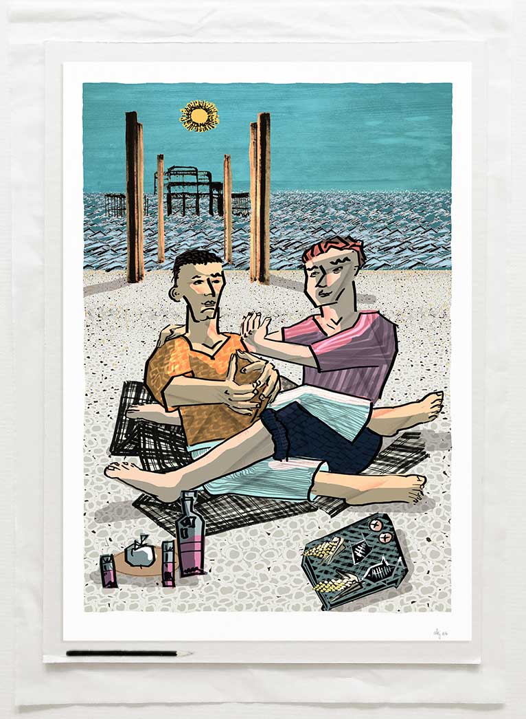 art print titled The Barbeque on Brighton Beach. The two Roberts by artist alej ez