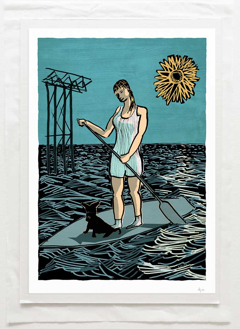 art print titled Paddleboarding on Brighton Beach by artist alej ez