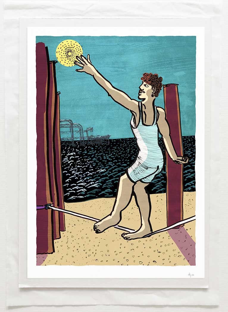 art print titled The Tight-rope Walker and the Sea by artist alej ez