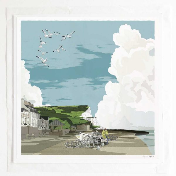 Limited edition art print by artist alej ez titled Seaford Head, The Promenade and Fishing Boats