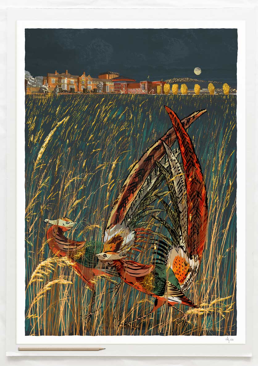 Art print by artist alej ez titled Glyndebourne Harvest Moon Pheasants