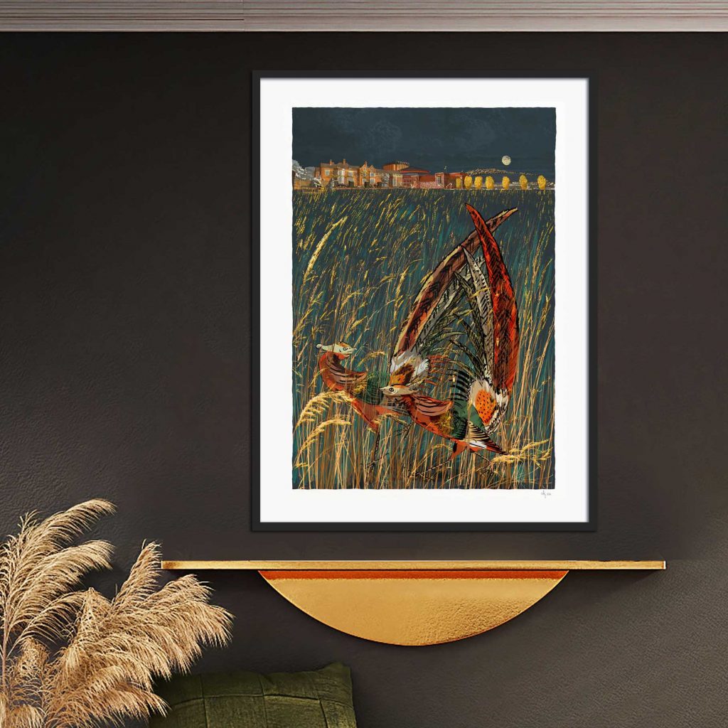 Art print by artist alej ez titled Glyndebourne Harvest Moon Pheasants Framed