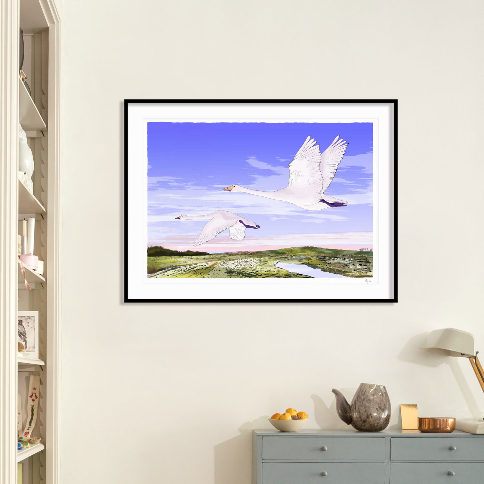 Swan Art Eventide. The flight over Litlington White Horse in the South Downs framed