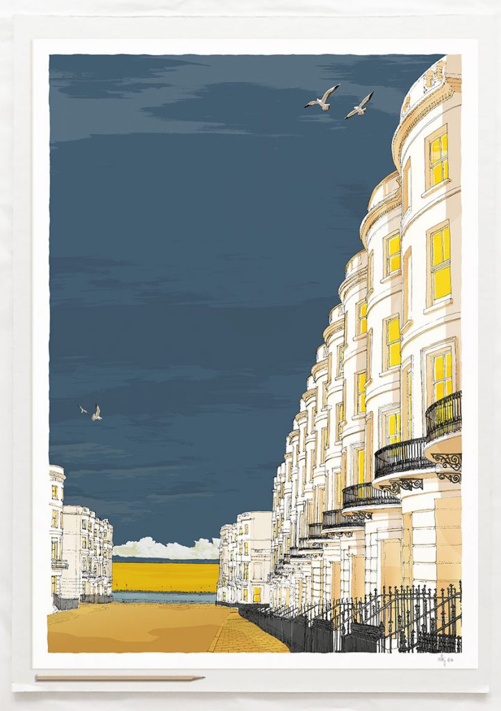 Art print by artist alej ez titled Brunswick Place Brighton Seaside Architecture Gold and Blue