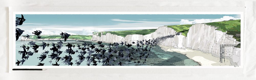 art print titled Birling Gap Starling Murmuration White Cliffs by artist alej ez