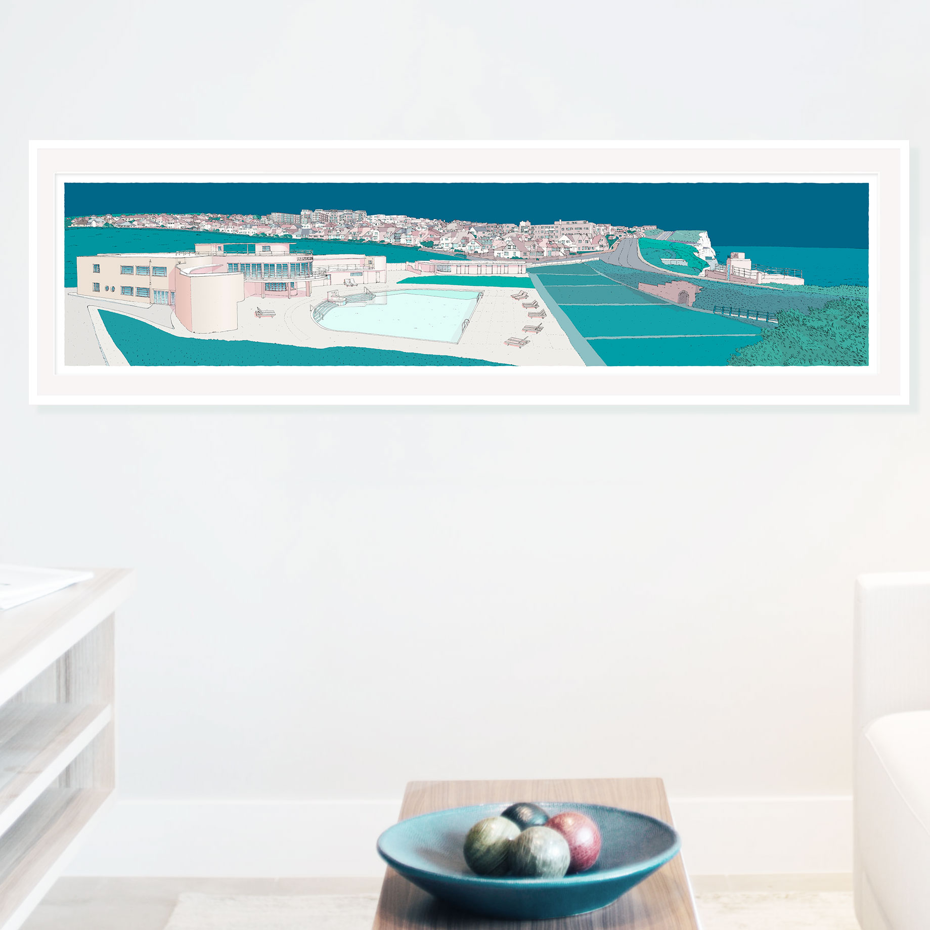 art print titled Saltdean Lido by the Sea Ocean Blue by artist alej ez framed