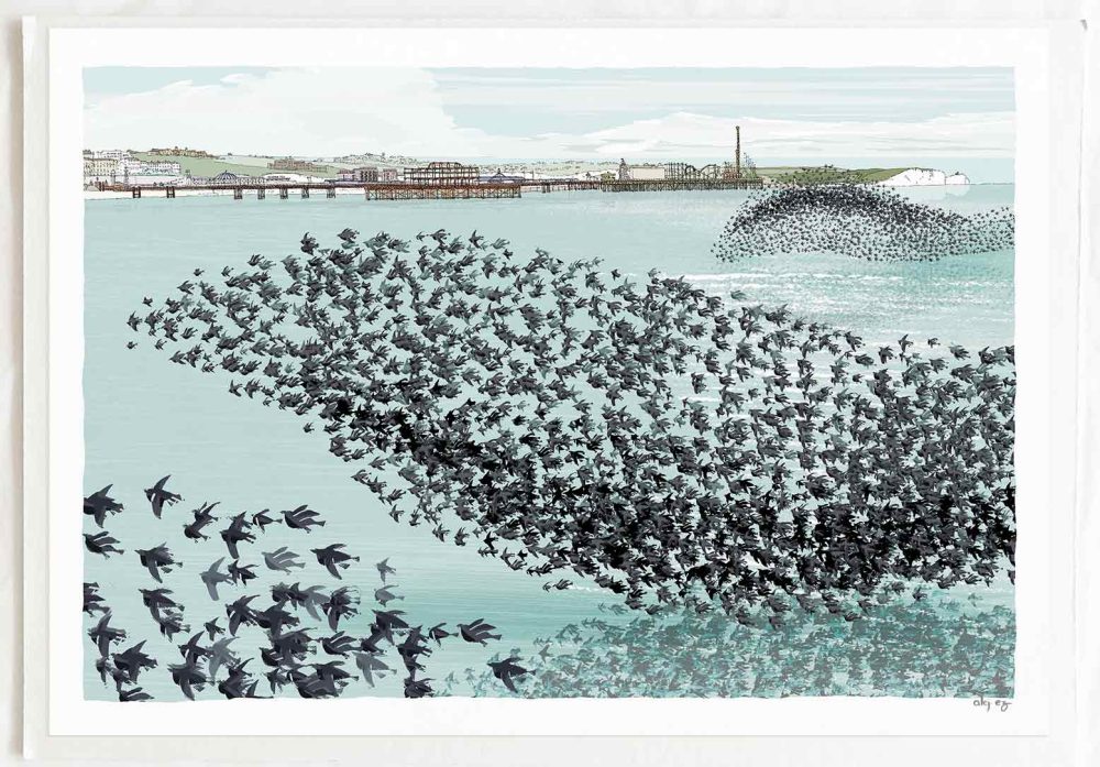 Art print titled Shoreline Starlings Brighton by the Sea Pebble Beach by artist alej ez