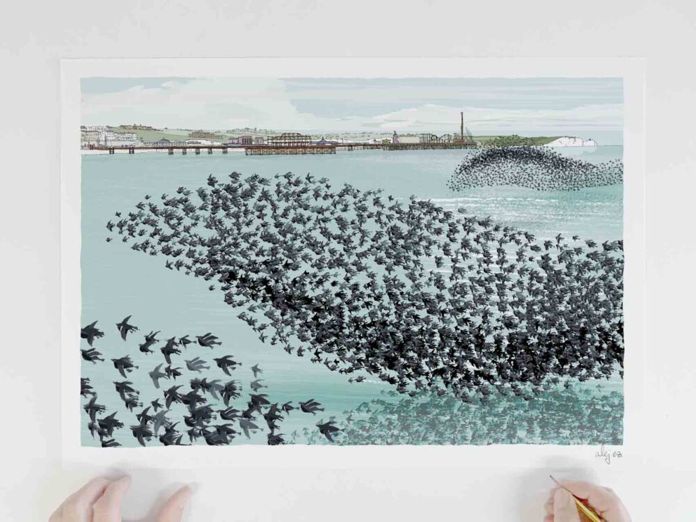Art print titled Shoreline Starlings Brighton by the Sea Pebble Beach by artist alej ez