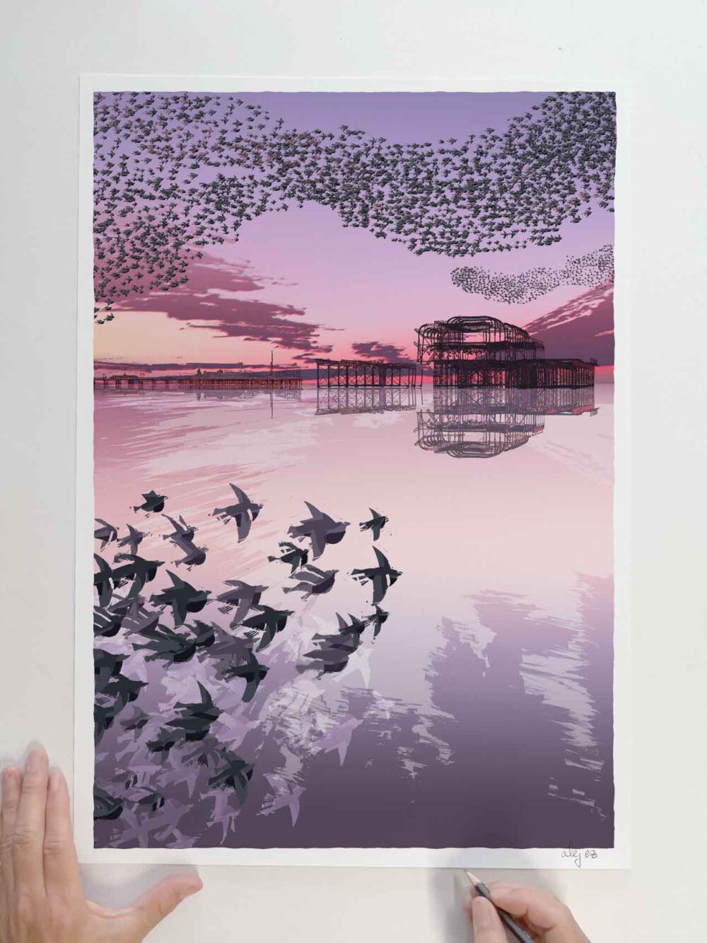 Art print titled Starling Murmuration over the West Pier at Brighton Beach