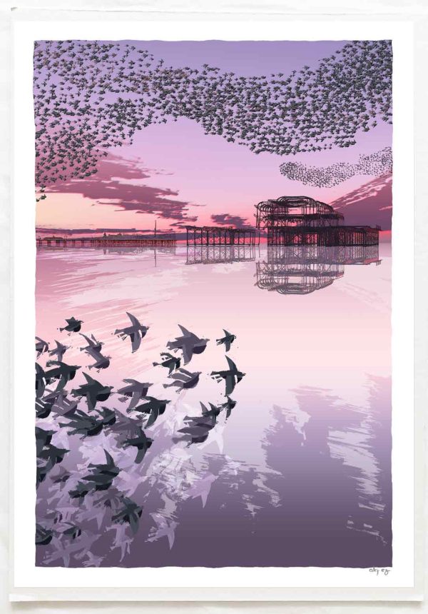 Art print titled Starling Murmuration over the West Pier at Brighton Beach