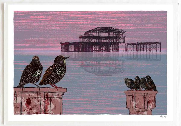 art print by alej ez tittled Golden Spiral Starlings West Pier