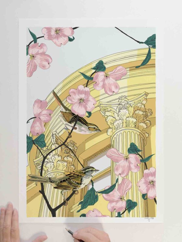 art print by artist alej ez titled Brunswick Square The Sparrow and the Corinthian Dog Rose