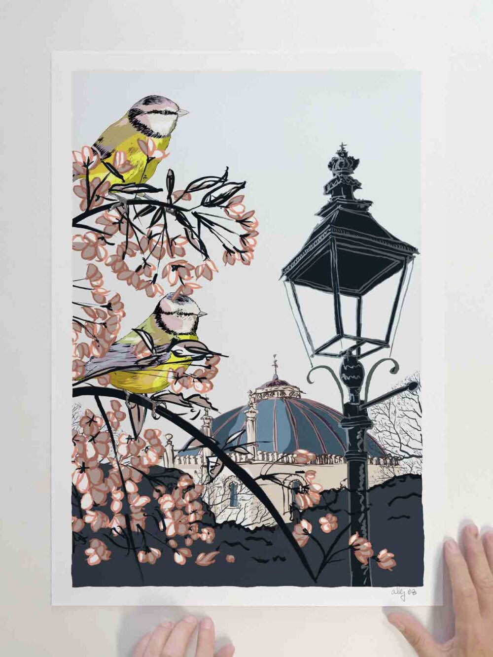 art print by artist alej ez titled Cherry Blossom and Blue Tits at Pavilion Gardens by the Dome