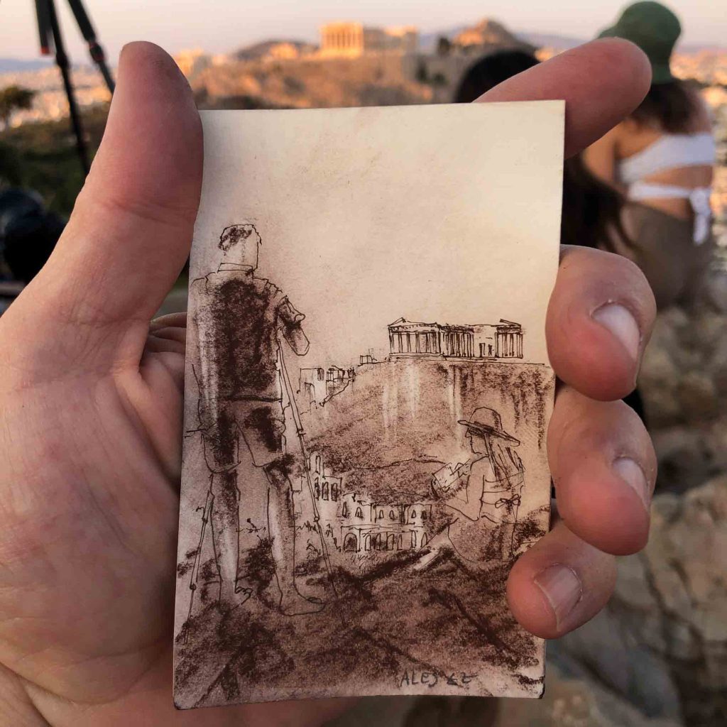 Drawing by alej ez- The Acropolis and Epidaurus Theatre from Philopappos Hill with fellow artist photographer and painter.