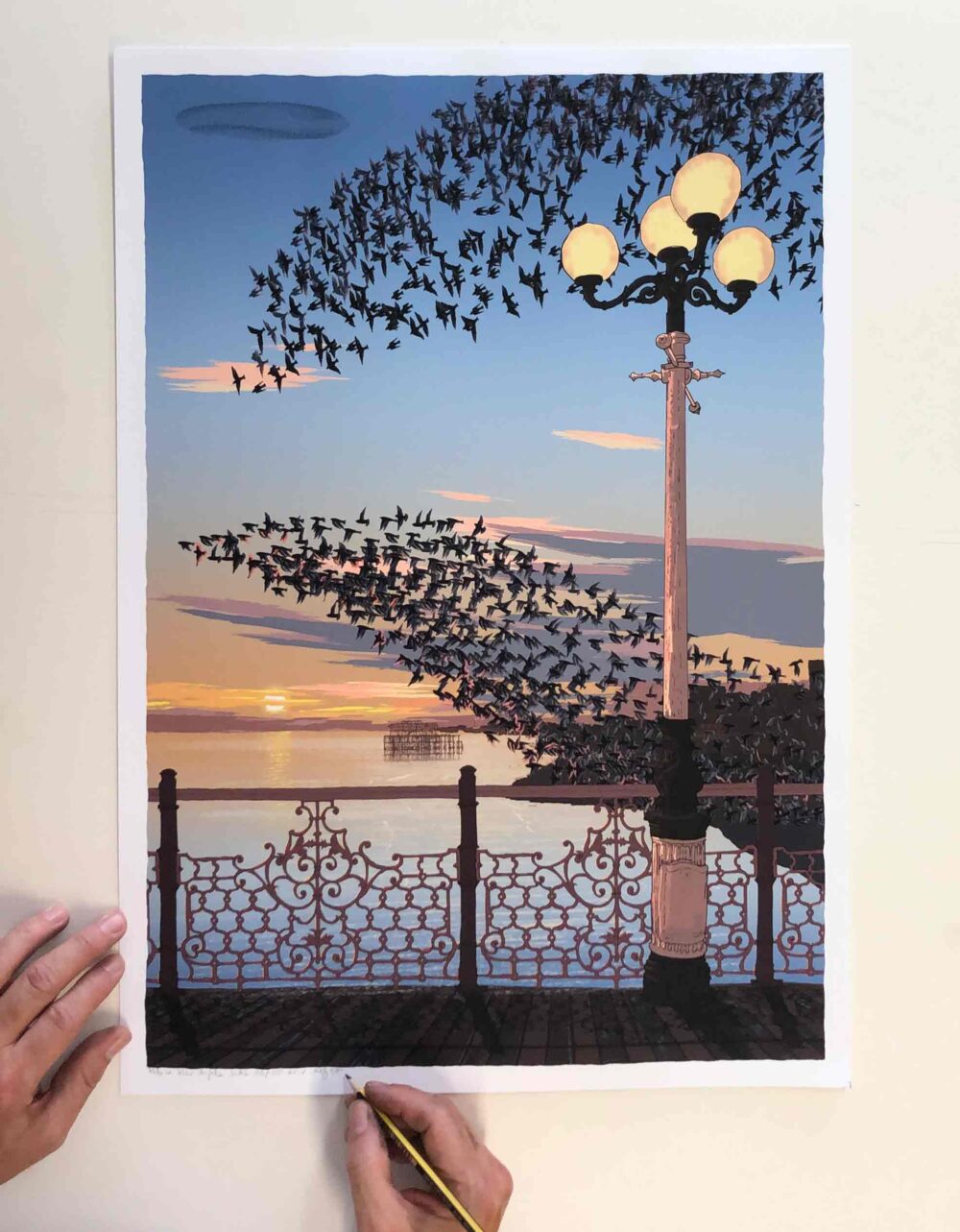 Art print by alej ez titled Palace Pier Lights Starling Murmuration