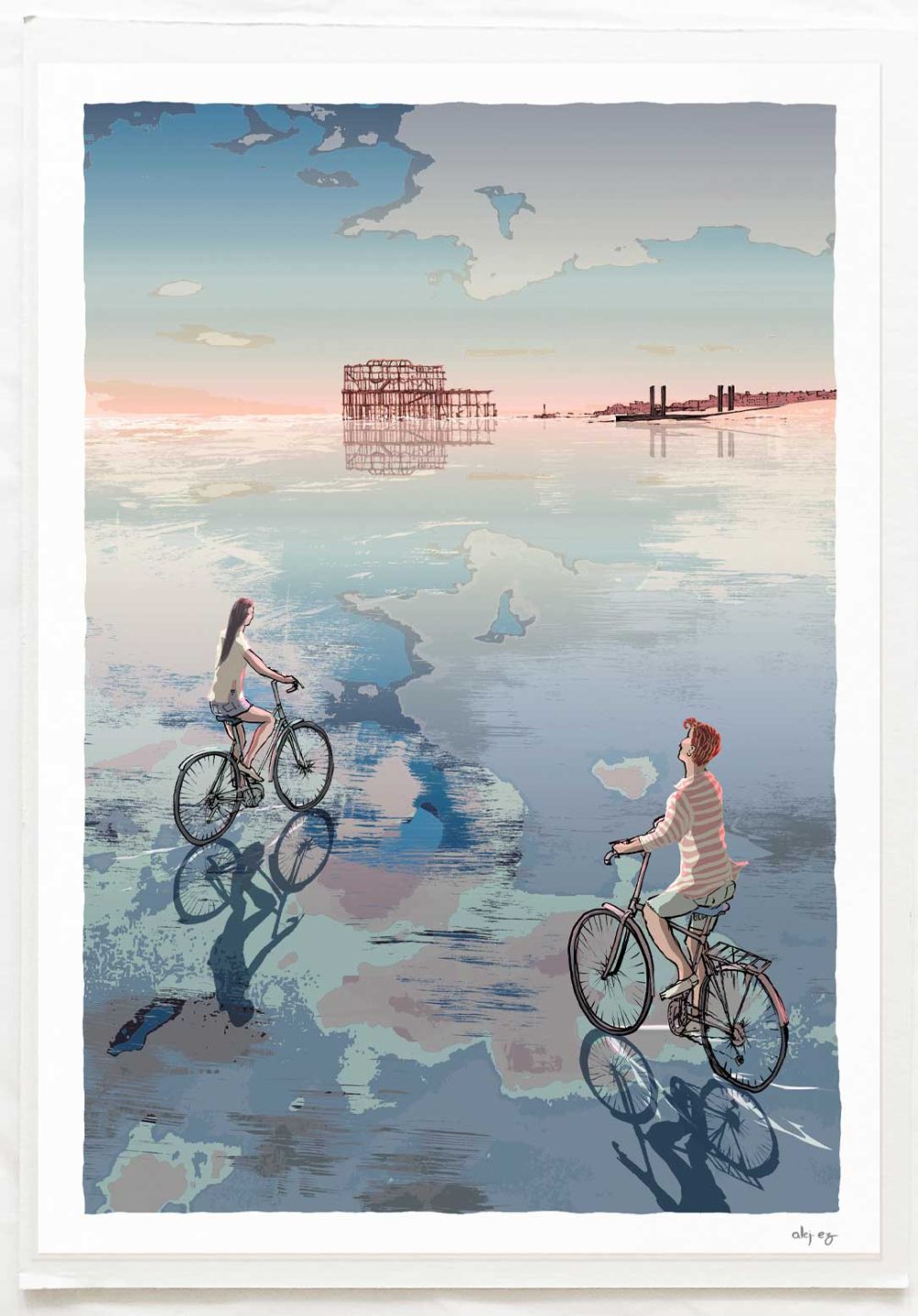 Art print by artist alej ez titled Low Tide Sandbanks Cycle by Brighton West Pier Remains